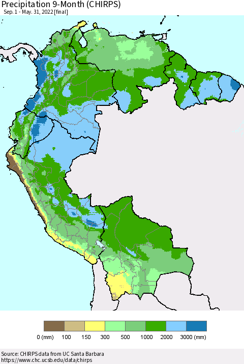 Northern South America Precipitation 9-Month (CHIRPS) Thematic Map For 9/1/2021 - 5/31/2022