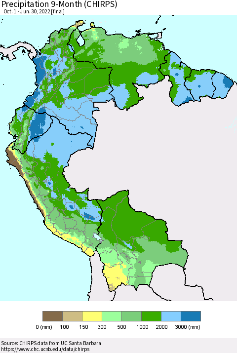 Northern South America Precipitation 9-Month (CHIRPS) Thematic Map For 10/1/2021 - 6/30/2022