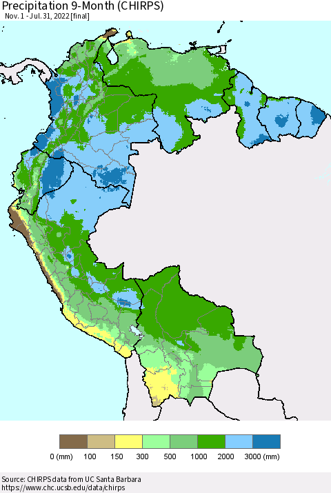 Northern South America Precipitation 9-Month (CHIRPS) Thematic Map For 11/1/2021 - 7/31/2022