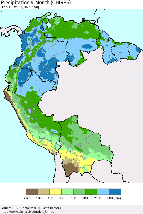Northern South America Precipitation 9-Month (CHIRPS) Thematic Map For 2/1/2022 - 10/31/2022