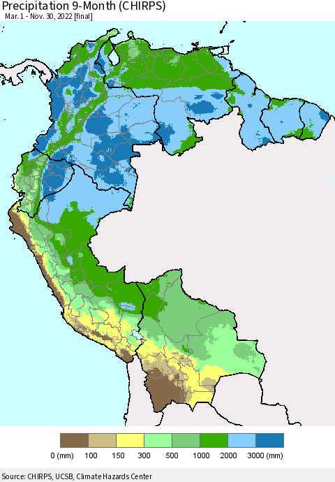 Northern South America Precipitation 9-Month (CHIRPS) Thematic Map For 3/1/2022 - 11/30/2022