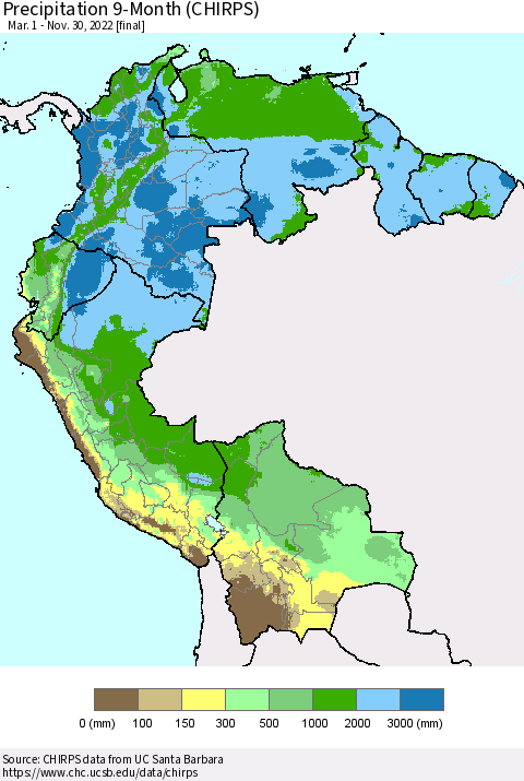 Northern South America Precipitation 9-Month (CHIRPS) Thematic Map For 3/1/2022 - 11/30/2022