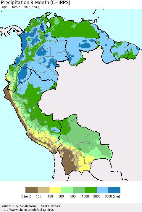 Northern South America Precipitation 9-Month (CHIRPS) Thematic Map For 4/1/2022 - 12/31/2022