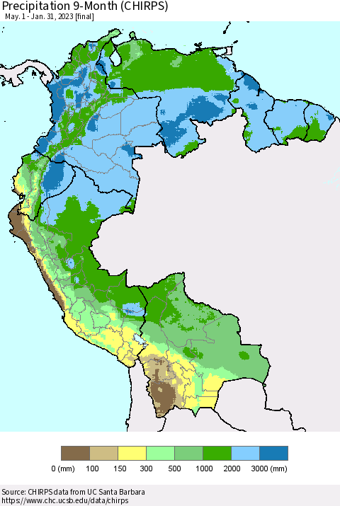 Northern South America Precipitation 9-Month (CHIRPS) Thematic Map For 5/1/2022 - 1/31/2023