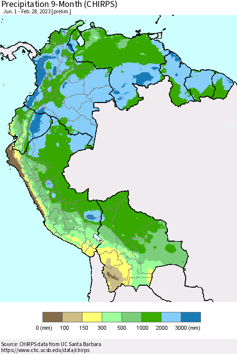 Northern South America Precipitation 9-Month (CHIRPS) Thematic Map For 6/1/2022 - 2/28/2023