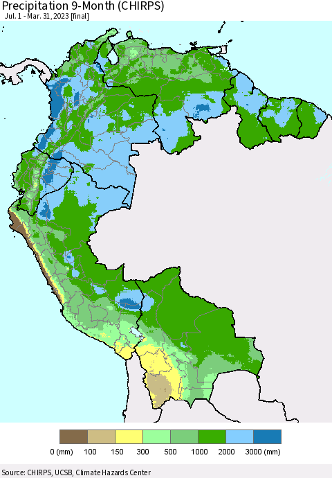 Northern South America Precipitation 9-Month (CHIRPS) Thematic Map For 7/1/2022 - 3/31/2023