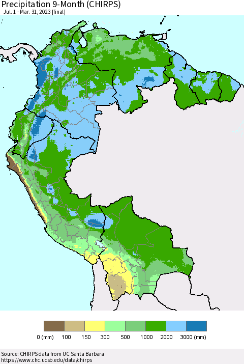 Northern South America Precipitation 9-Month (CHIRPS) Thematic Map For 7/1/2022 - 3/31/2023