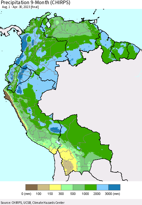 Northern South America Precipitation 9-Month (CHIRPS) Thematic Map For 8/1/2022 - 4/30/2023