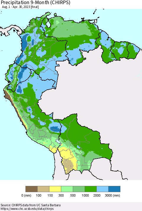Northern South America Precipitation 9-Month (CHIRPS) Thematic Map For 8/1/2022 - 4/30/2023