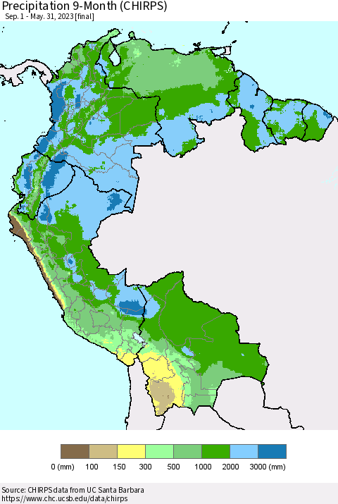 Northern South America Precipitation 9-Month (CHIRPS) Thematic Map For 9/1/2022 - 5/31/2023