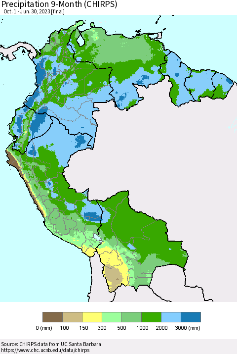 Northern South America Precipitation 9-Month (CHIRPS) Thematic Map For 10/1/2022 - 6/30/2023