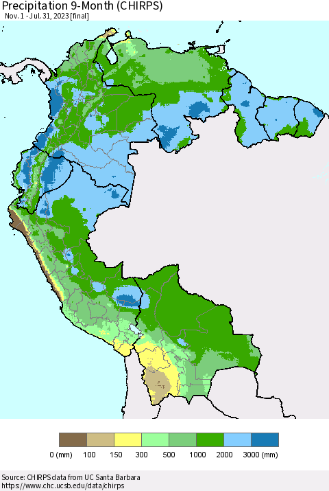 Northern South America Precipitation 9-Month (CHIRPS) Thematic Map For 11/1/2022 - 7/31/2023