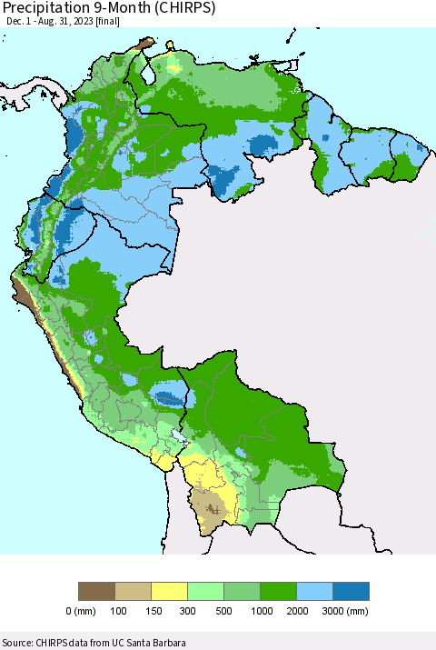 Northern South America Precipitation 9-Month (CHIRPS) Thematic Map For 12/1/2022 - 8/31/2023