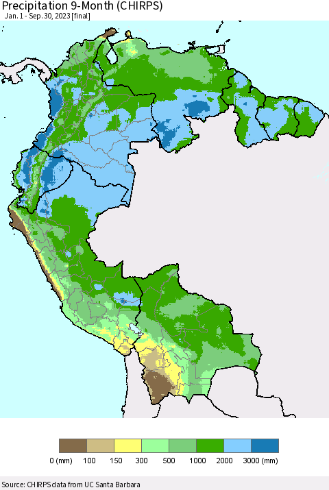Northern South America Precipitation 9-Month (CHIRPS) Thematic Map For 1/1/2023 - 9/30/2023