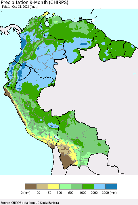 Northern South America Precipitation 9-Month (CHIRPS) Thematic Map For 2/1/2023 - 10/31/2023