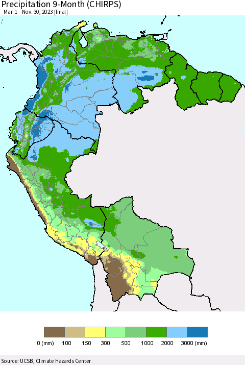 Northern South America Precipitation 9-Month (CHIRPS) Thematic Map For 3/1/2023 - 11/30/2023
