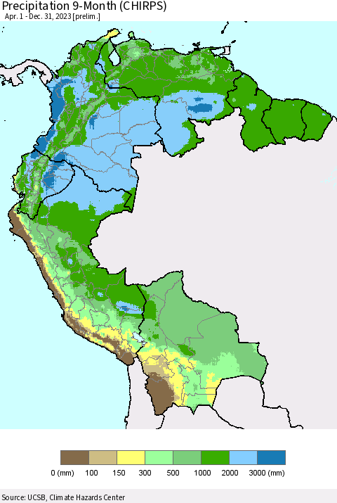 Northern South America Precipitation 9-Month (CHIRPS) Thematic Map For 4/1/2023 - 12/31/2023