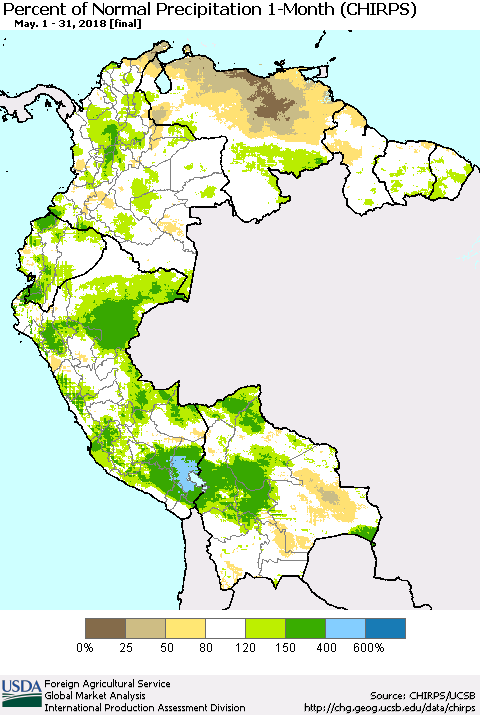 Northern South America Percent of Normal Precipitation 1-Month (CHIRPS) Thematic Map For 5/1/2018 - 5/31/2018