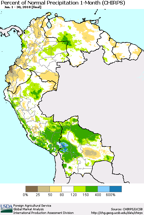 Northern South America Percent of Normal Precipitation 1-Month (CHIRPS) Thematic Map For 6/1/2018 - 6/30/2018