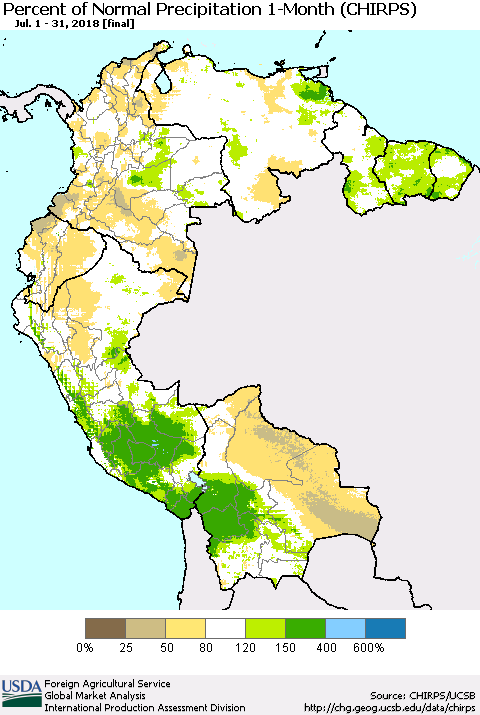 Northern South America Percent of Normal Precipitation 1-Month (CHIRPS) Thematic Map For 7/1/2018 - 7/31/2018