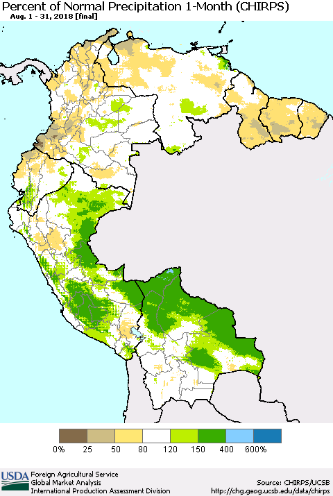 Northern South America Percent of Normal Precipitation 1-Month (CHIRPS) Thematic Map For 8/1/2018 - 8/31/2018