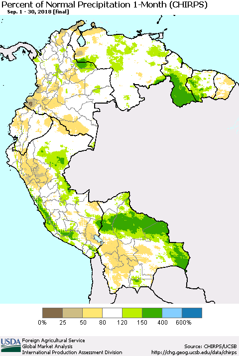 Northern South America Percent of Normal Precipitation 1-Month (CHIRPS) Thematic Map For 9/1/2018 - 9/30/2018
