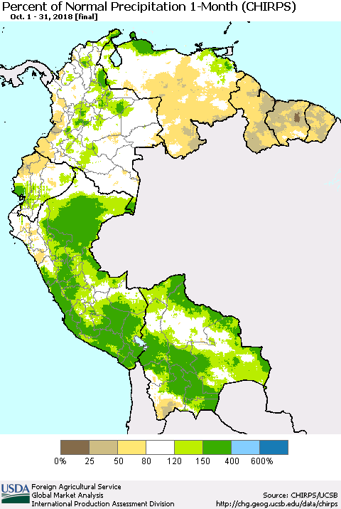 Northern South America Percent of Normal Precipitation 1-Month (CHIRPS) Thematic Map For 10/1/2018 - 10/31/2018