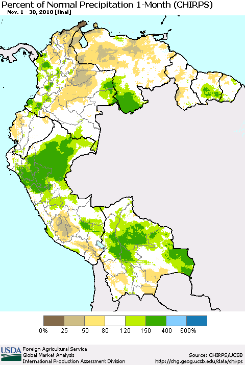 Northern South America Percent of Normal Precipitation 1-Month (CHIRPS) Thematic Map For 11/1/2018 - 11/30/2018