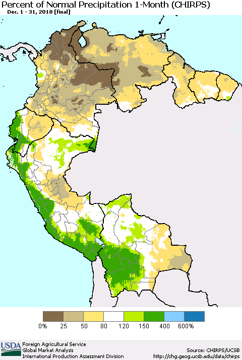 Northern South America Percent of Normal Precipitation 1-Month (CHIRPS) Thematic Map For 12/1/2018 - 12/31/2018