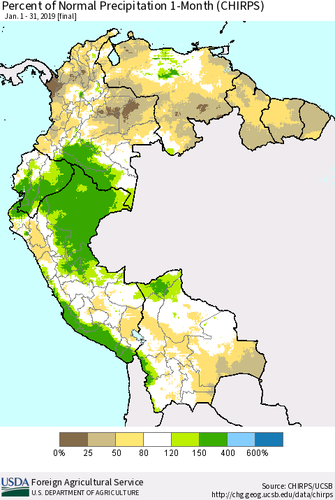 Northern South America Percent of Normal Precipitation 1-Month (CHIRPS) Thematic Map For 1/1/2019 - 1/31/2019