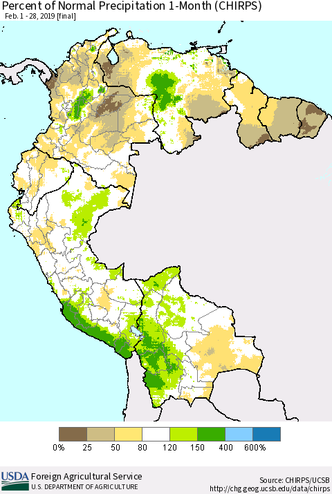 Northern South America Percent of Normal Precipitation 1-Month (CHIRPS) Thematic Map For 2/1/2019 - 2/28/2019
