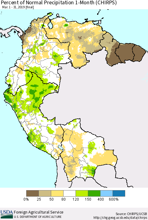 Northern South America Percent of Normal Precipitation 1-Month (CHIRPS) Thematic Map For 3/1/2019 - 3/31/2019