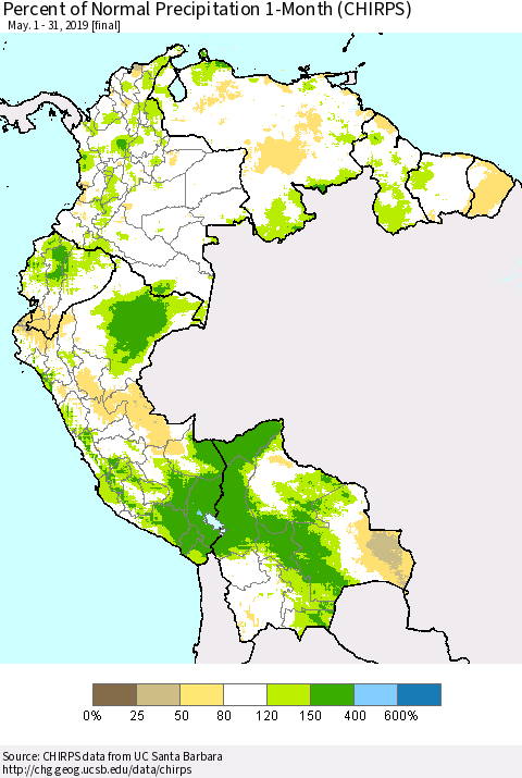 Northern South America Percent of Normal Precipitation 1-Month (CHIRPS) Thematic Map For 5/1/2019 - 5/31/2019