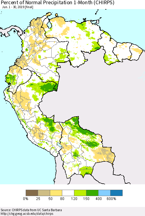 Northern South America Percent of Normal Precipitation 1-Month (CHIRPS) Thematic Map For 6/1/2019 - 6/30/2019