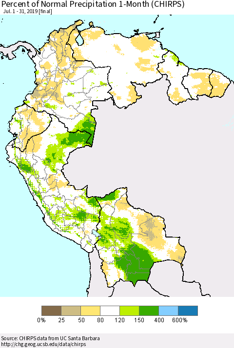 Northern South America Percent of Normal Precipitation 1-Month (CHIRPS) Thematic Map For 7/1/2019 - 7/31/2019