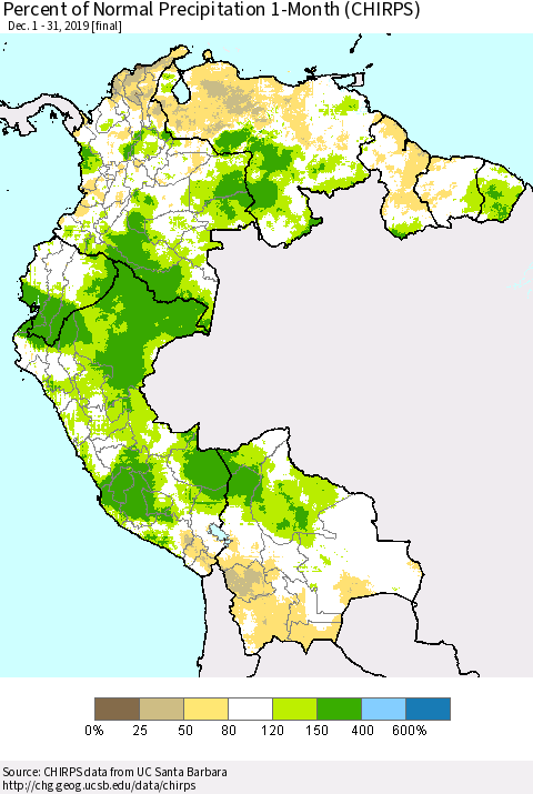 Northern South America Percent of Normal Precipitation 1-Month (CHIRPS) Thematic Map For 12/1/2019 - 12/31/2019