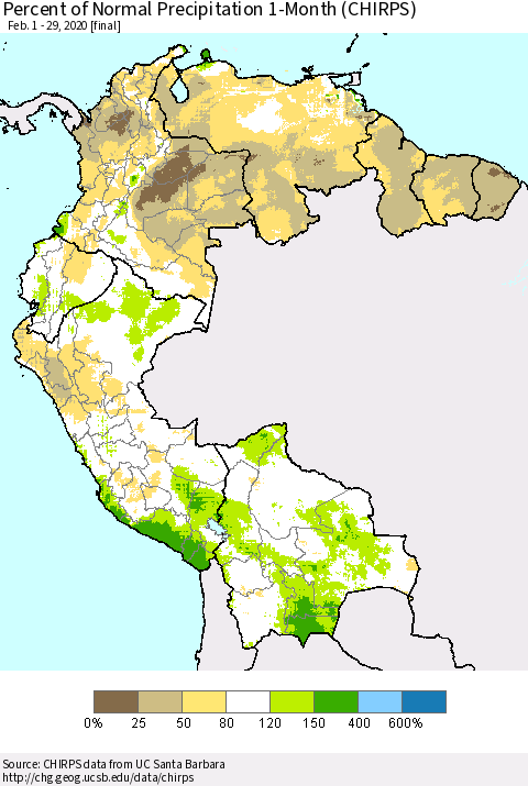 Northern South America Percent of Normal Precipitation 1-Month (CHIRPS) Thematic Map For 2/1/2020 - 2/29/2020