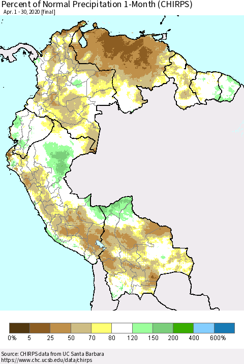 Northern South America Percent of Normal Precipitation 1-Month (CHIRPS) Thematic Map For 4/1/2020 - 4/30/2020