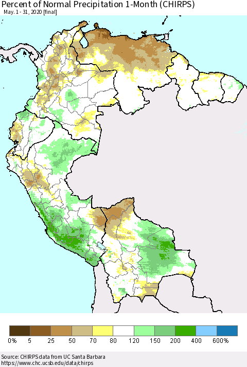 Northern South America Percent of Normal Precipitation 1-Month (CHIRPS) Thematic Map For 5/1/2020 - 5/31/2020