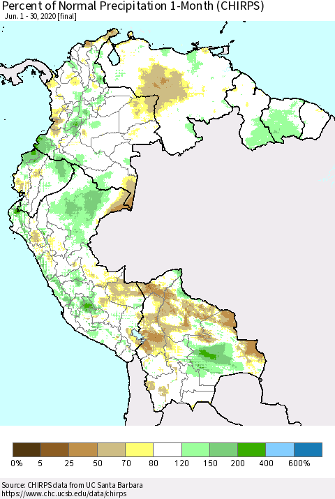 Northern South America Percent of Normal Precipitation 1-Month (CHIRPS) Thematic Map For 6/1/2020 - 6/30/2020