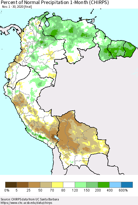 Northern South America Percent of Normal Precipitation 1-Month (CHIRPS) Thematic Map For 11/1/2020 - 11/30/2020