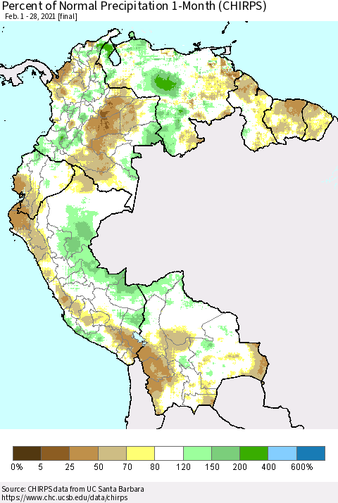 Northern South America Percent of Normal Precipitation 1-Month (CHIRPS) Thematic Map For 2/1/2021 - 2/28/2021