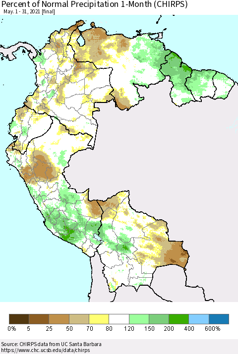 Northern South America Percent of Normal Precipitation 1-Month (CHIRPS) Thematic Map For 5/1/2021 - 5/31/2021