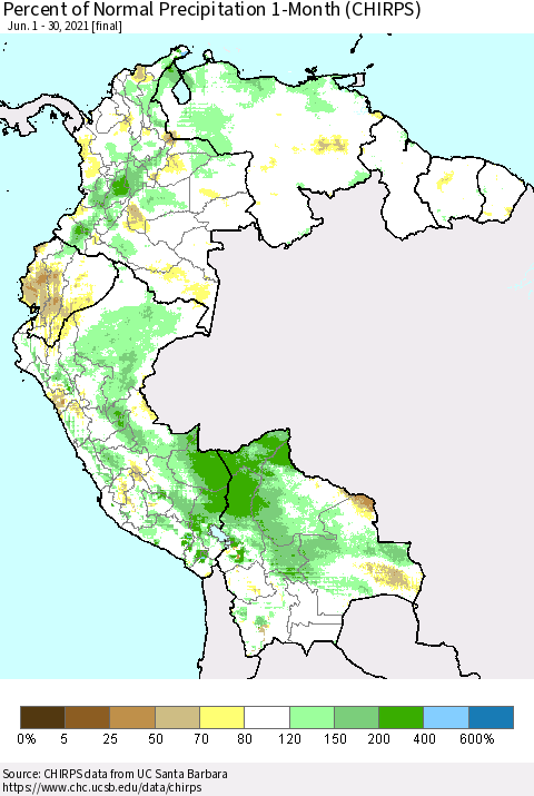 Northern South America Percent of Normal Precipitation 1-Month (CHIRPS) Thematic Map For 6/1/2021 - 6/30/2021