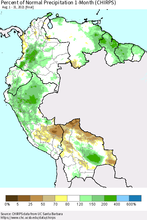 Northern South America Percent of Normal Precipitation 1-Month (CHIRPS) Thematic Map For 8/1/2021 - 8/31/2021