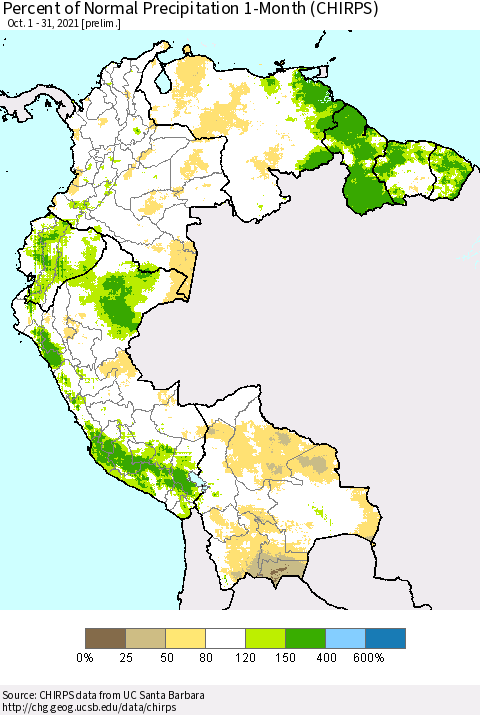 Northern South America Percent of Normal Precipitation 1-Month (CHIRPS) Thematic Map For 10/1/2021 - 10/31/2021