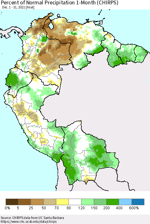 Northern South America Percent of Normal Precipitation 1-Month (CHIRPS) Thematic Map For 12/1/2021 - 12/31/2021