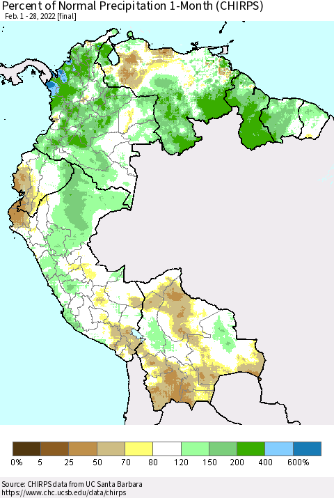 Northern South America Percent of Normal Precipitation 1-Month (CHIRPS) Thematic Map For 2/1/2022 - 2/28/2022