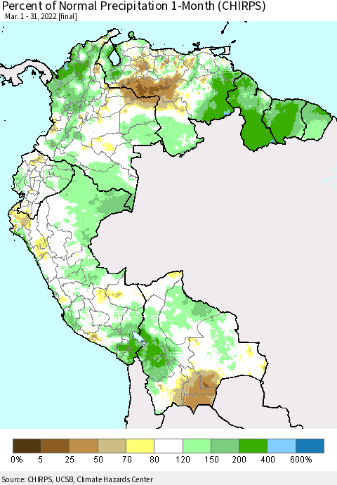 Northern South America Percent of Normal Precipitation 1-Month (CHIRPS) Thematic Map For 3/1/2022 - 3/31/2022