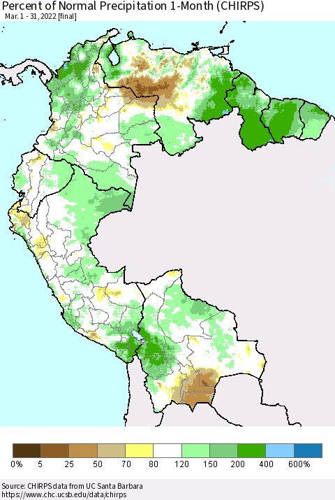 Northern South America Percent of Normal Precipitation 1-Month (CHIRPS) Thematic Map For 3/1/2022 - 3/31/2022